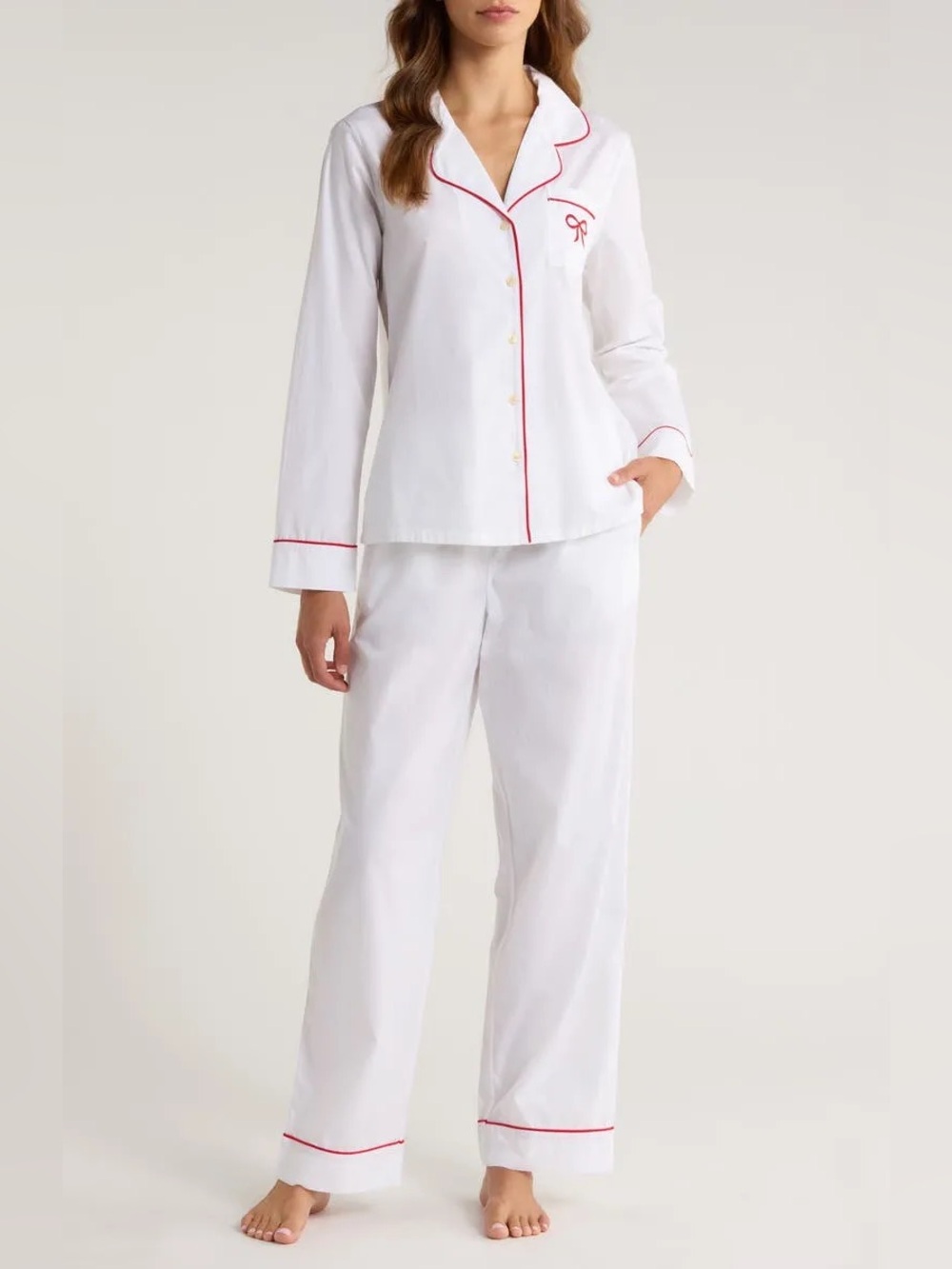 Nordstrom White Pajama Set with Red Piping with pockets 3XL